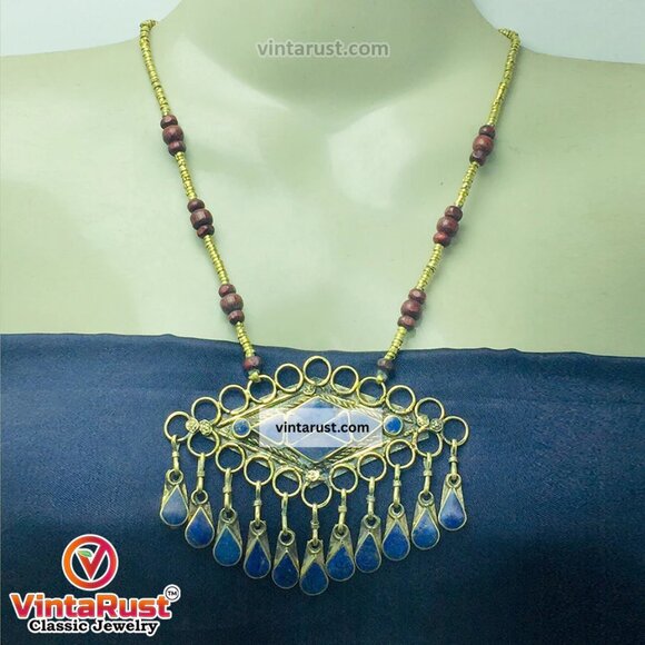 Lapis Lazuli Pendant Necklace With Beaded Chain, Handmade Beaded Chain Necklace, - Picture 1 of 12